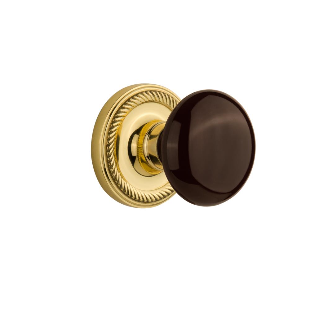 Nostalgic Warehouse ROPBRN Double Dummy Rope Rose with Brown Porcelain Knob in Polished Brass